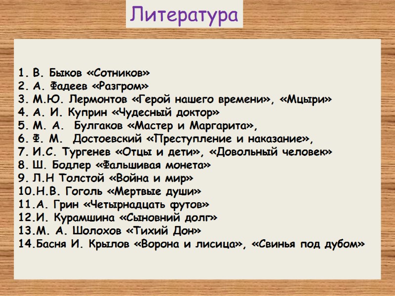 В. Быков «Сотников» А. Фадеев «Разгром» М.Ю. Лермонтов «Герой нашего времени», «Мцыри»  А.